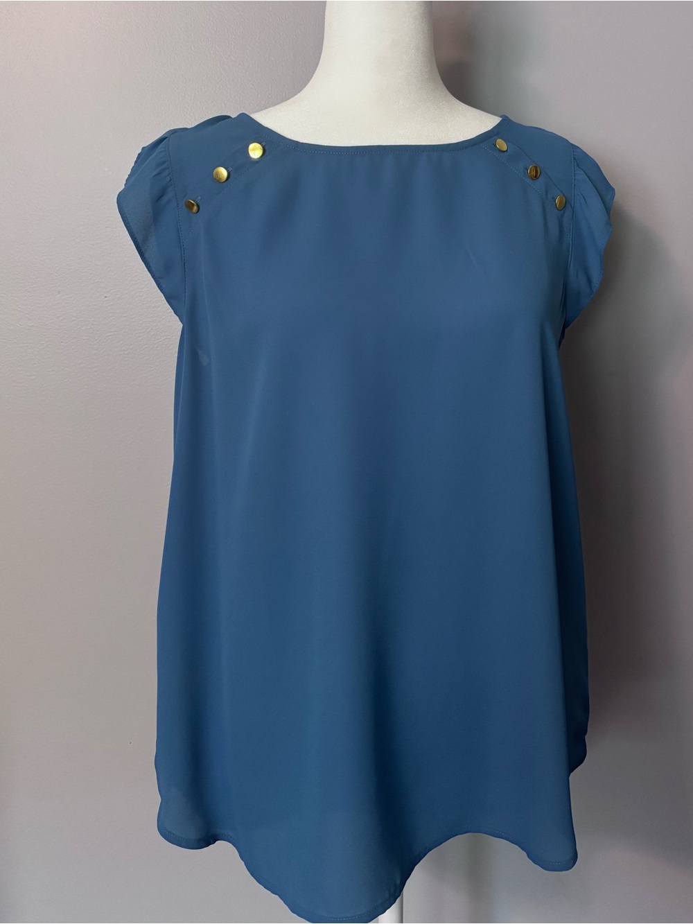 LOFT Steel Blue Cap Sleeve Blouse with Gold Buttons